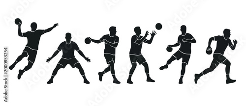 Handball Players Silhouette Set Isolated on White Background, Athletic Athletes Playing Professional Team Sport Competition with Ball, Active Dynamic Poses for Training, Coaching, and Sports Infograph