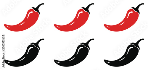 Red and black chili pepper icon set featuring spicy hot pepper silhouettes with stems, restaurant menu and spicy food concept, seasoning and flavoring design, modern vector illustration for culinary b