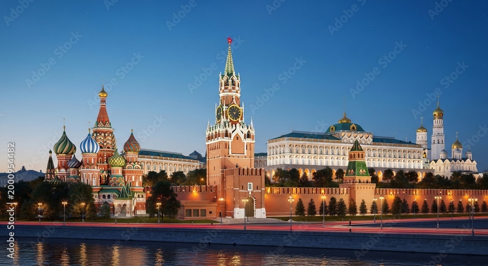 Fototapeta premium The Kremlin and Red Square in Moscow at dusk with colorful domes and towers illuminated against a clear blue sky
