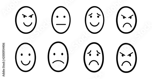 Eight simple face silhouettes displaying various emotions in a grid pattern