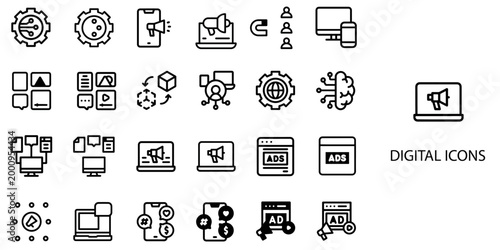 Digital simple concept 24 icons set. Vector illustration.