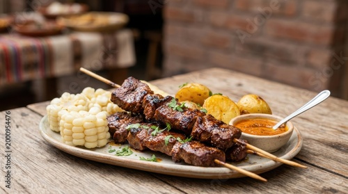 Peruvian anticuchos meat skewers with corn and potatoes. Traditional grilled beef heart skewers with aji sauce on a wooden table. National dish of Peru