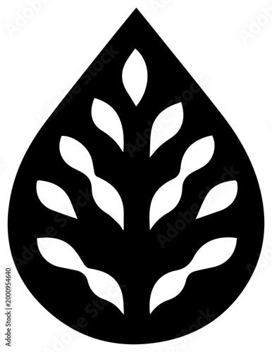 Solid black filled icon of fertilizer nutrients drop with leafy design on white background for agriculture and ecology concepts