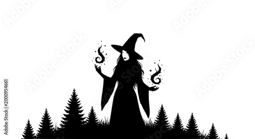 Silhouette of a witch casting magic spells in a pine forest