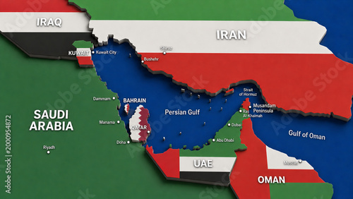 Foto Strait Hormuz Persian Gulf Map Countries Flag Colors Cities Photo