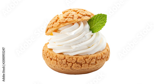 Delicious cream puff pastry png with mint leaf isolated on transparent background
