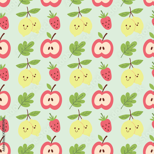 Cute Kawaii Fruit Seamless Pattern with Lemons and Apples