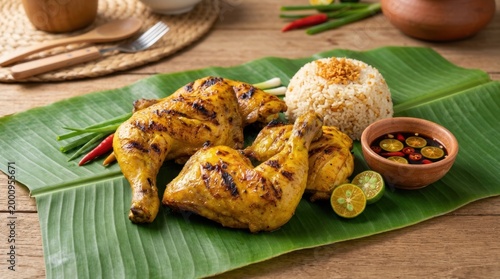 Filipino chicken inasal with garlic fried rice on a banana leaf. Traditional grilled chicken with calamansi and dipping sauce. Southeast Asian national dish
