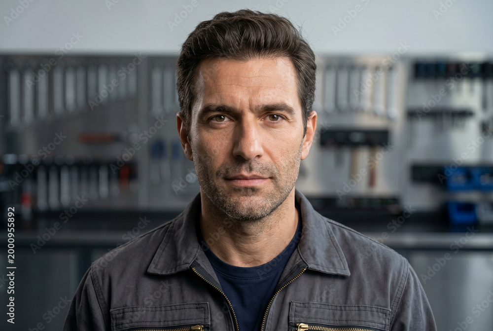 Obraz premium High-end editorial portrait of a technical director in a contemporary diagnostic facility. His calm, authoritative gaze reflects a lifestyle of mastery and corporate success. 