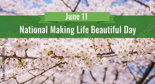 national making life beautiful day banner with blooming cherry blossoms and blue sky background