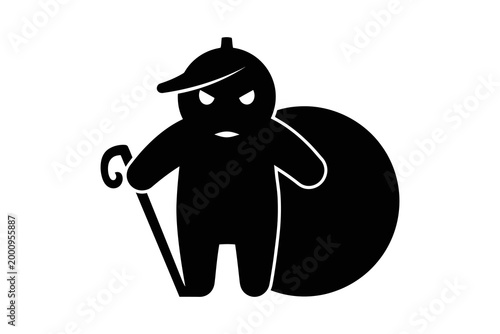 Silhouette of a mischievous character with a bag and cane