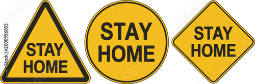 Stay home warning sign icon set, minimalist vector warning symbols using triangle circle and diamond shapes for safety communication health alerts and emergency notification graphics.