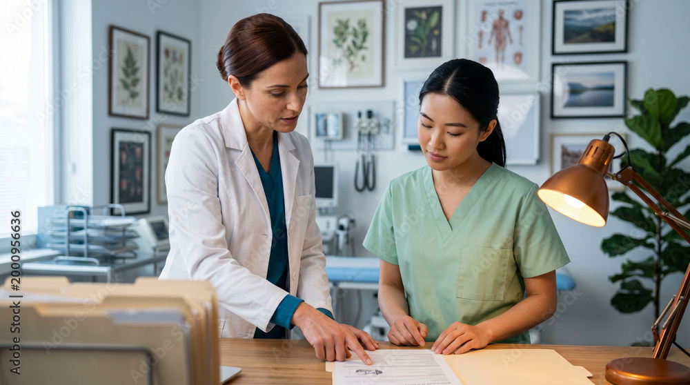 Fototapeta premium A senior doctor mentoring a young nurse over patient records in a modern facility. The scene captures the transfer of elite expertise and a culture of corporate excellence. 