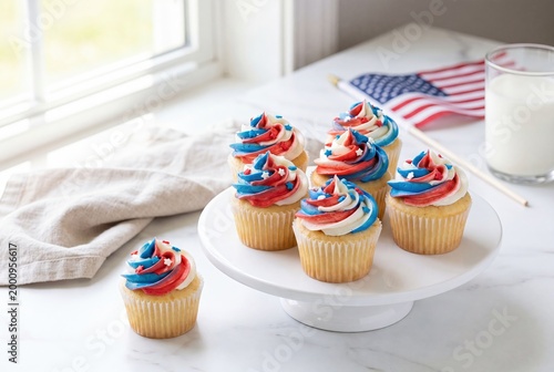 Patriotic red, white, and blue cupcakes with star sprinkles on a white cake stand and marble counter, American flag and milk in background by a sunlit window.