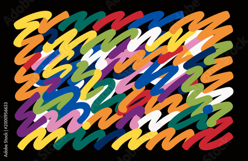 Scribbles featuring vibrant multihued patterns overlay a deep black backdrop to create a chaotic visual rhythm that emphasizes the artistic spontaneity found within this modern digital graphic.