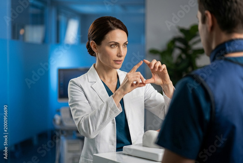 Strategic medical expert explaining a complex procedure in a high-tech facility. The shot captures clinical authority and the sophisticated, high-stakes atmosphere of modern healthcare.
