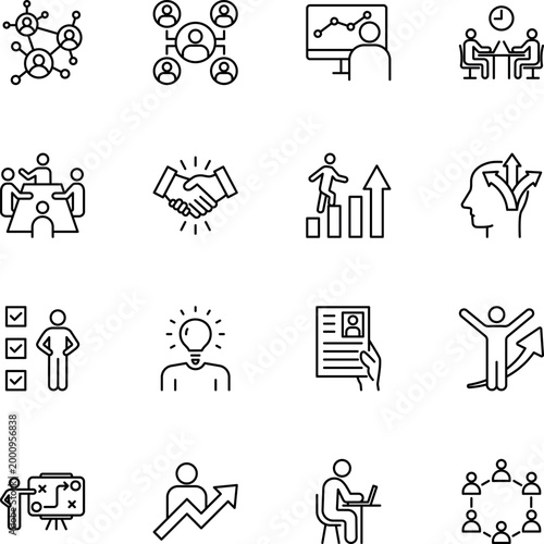 Business management team growth success strategy icons set, handshake, lightbulb, resume, monitor, laptop, whiteboard, network