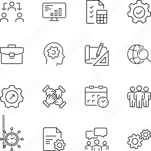 Business management strategy planning workflow icons collection, people, monitor, document, gear, briefcase, hands, calendar, globe