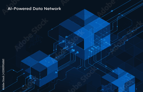 ai powered data network with interconnected cubes and lines on dark blue background high quality professional detailed modern elegant stylish clean crisp vibrant colorful digital creative