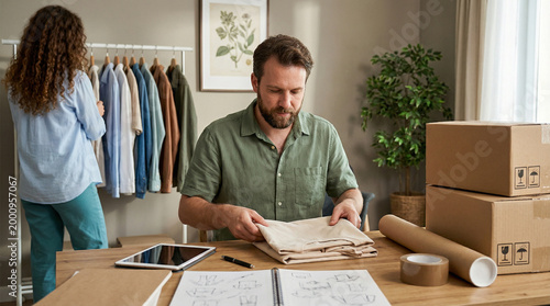 Bearded man folding clothes at a desk with shipping boxes and a clothing rack in a home