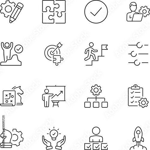Business strategy development project management success goal icons, puzzle, target, lightbulb, rocket, chess knight, checklist, gear