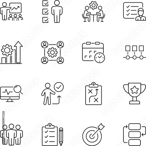 Business management strategy planning development success icons, presentation, meeting, team, chart, calendar, checklist, trophy, target, strategy
