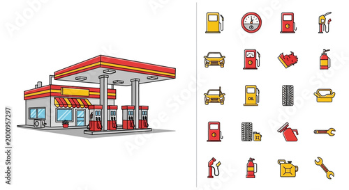 Gas Station Fuel Pumps and Signs.