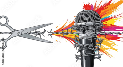 Microphone with scissors cutting through sound.