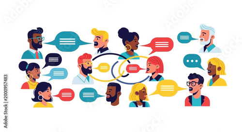Diverse people talking in speech bubbles.