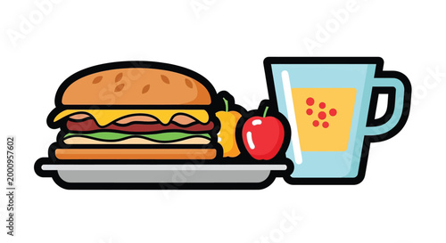 A cartoon cheeseburger on tray with food.