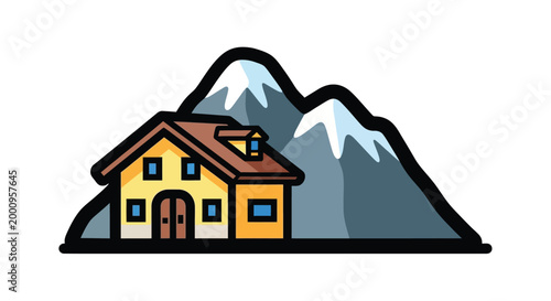A cartoon house with a brown roof.