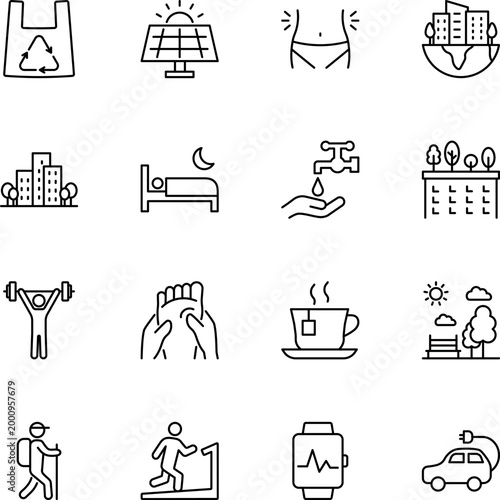 Sustainable healthy living wellness daily routine icon set, recycle bag, solar panel, city, bed, water tap