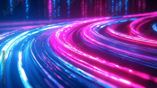 Futuristic Neon Light Trails Abstract Background, Blue Pink Glowing Lines Motion, Cyberpunk Speed Flow, Digital Technology Wave Design