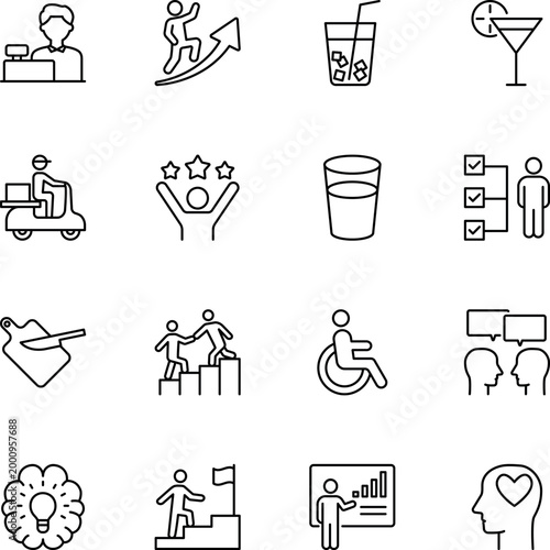 Business success lifestyle communication growth health daily icons, cashier, delivery scooter, cocktail, glass, wheelchair, brain, chart