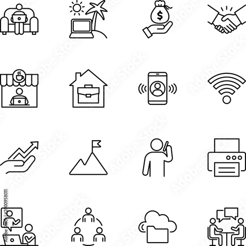 Remote work business finance technology success icons set, laptop, money bag, handshake, briefcase, phone, wifi, graph