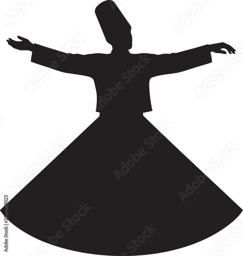 Sufi Whirling Dervish Silhouette Performing Mevlevi Sama Ceremony Traditional Islamic Spiritual Dance Turkish Culture Rumi Mysticism Isolated Vector Graphic for Meditation Peace and Middle Eastern Rel