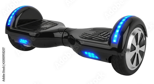 Self-balancing electric hoverboard with glowing blue led lights and silver wheel rims, isolated on transparent background