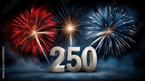 250 golden numbers marking a patriotic celebration night with red, white, and blue fireworks illuminating the sky above water for a special anniversary event