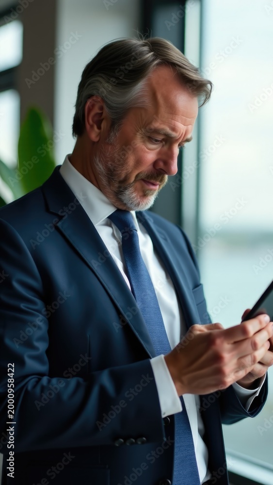 Fototapeta premium A businessman looks at his mobile device