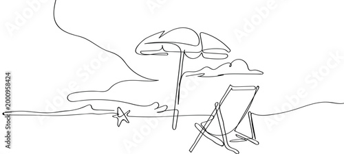 Summer beach one continuous line art design. sea beach single line art design. summer vacation line art with lounge chair and umbrella png and vector illustration on transparent background.