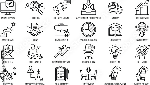 Job Search and Career Development Line Icon Set Featuring Recruitment Hiring Application Interview Salary Growth and Professional Opportunity Symbols