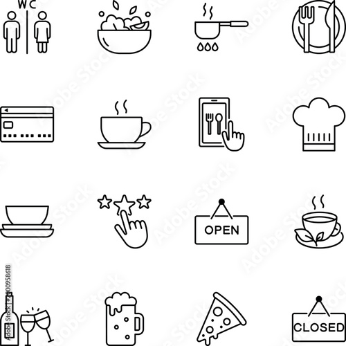 Restaurant food drink cafe service icons set, salad bowl, cooking pot, dinnerware, credit card, coffee cup