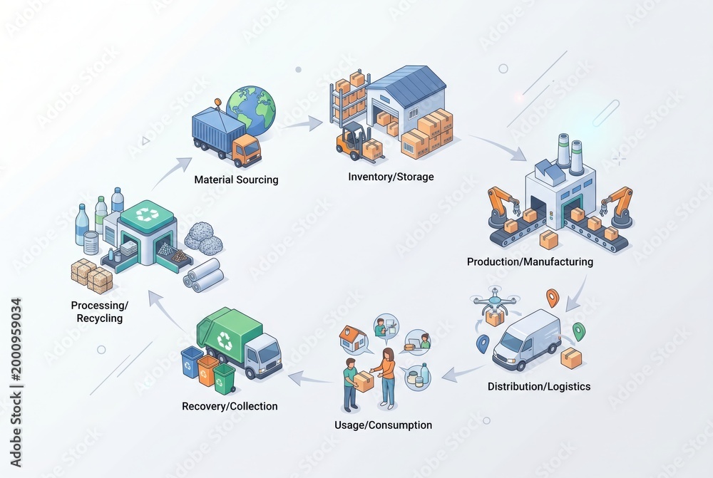 Naklejka premium Visual representation of the sustainable supply chain illustrating material sourcing, processing, inventory management, production procedures, logistical distribution, and recycling for