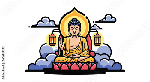 Buddha statue in yellow robe sitting.