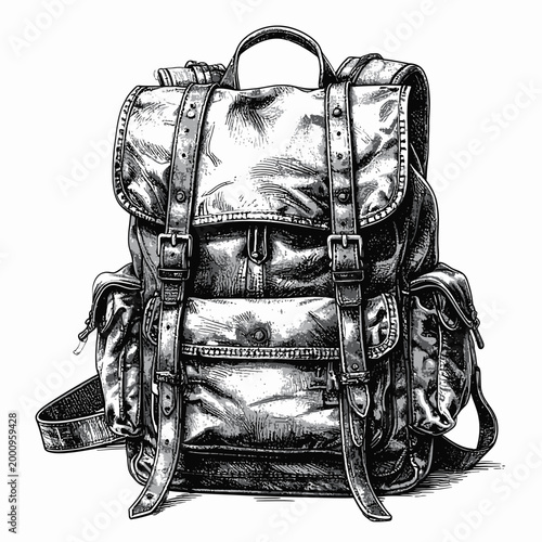 Vintage Leather Backpack Illustration - A Detailed Sketch of a Classic Rucksack with Buckles and Straps