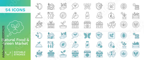 Natural Food and Organic Market Outline Icons Set featuring Fresh Produce, Healthy Diet, Farm to Table, and Sustainable Grocery Editable Stroke Vector Collection