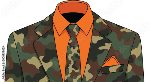 Camo suit with orange shirt.