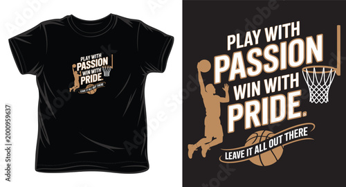 Sporty basketball t-shirt illustration featuring player jumping and pride quote.