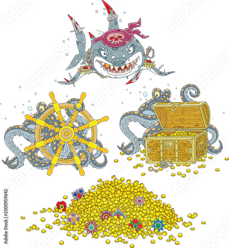 Awful octopus and shark pirates guarding an old treasure chest filled with gold coins and a pile of treasures on a sea bottom, a set of vector cartoon illustrations on white