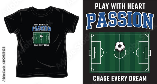 Football field typography t-shirt design with play with heart slogan.